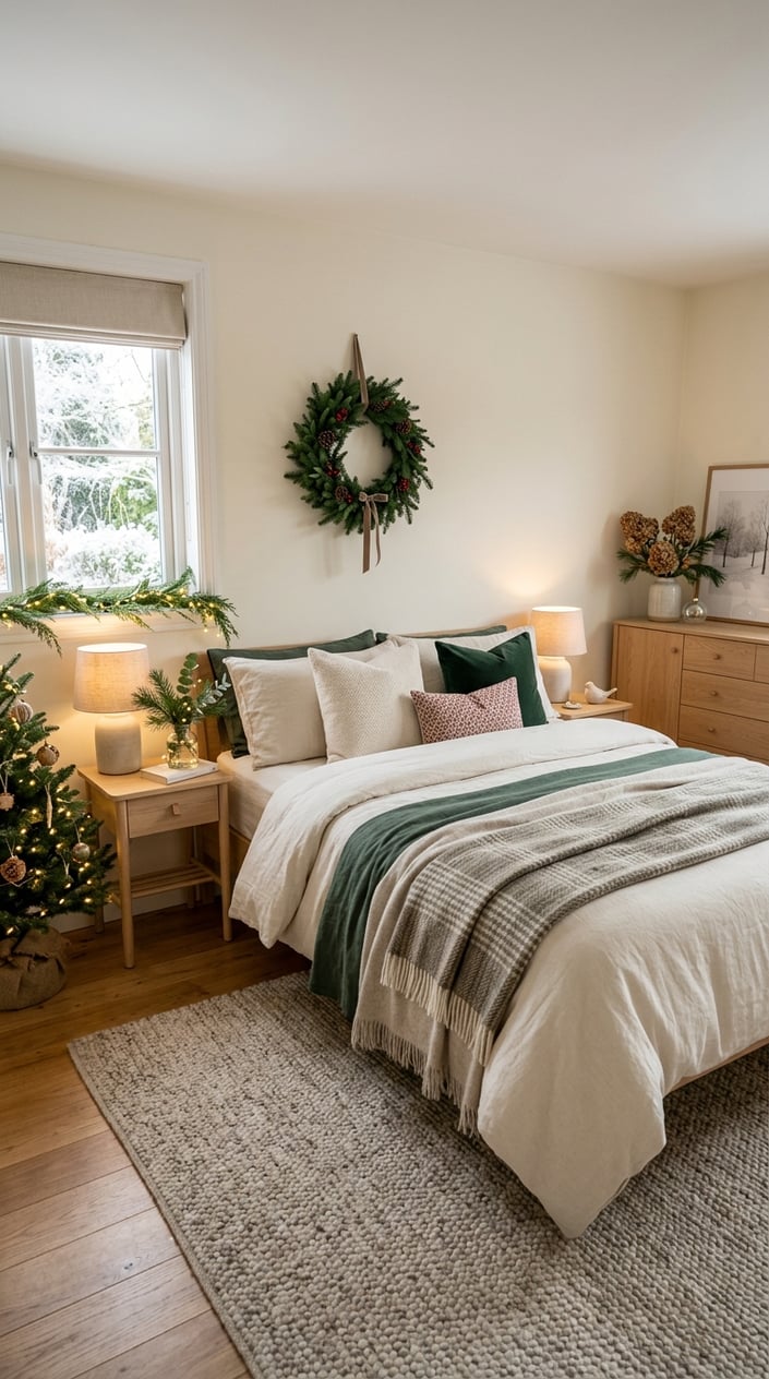 A neatly decorated bedroom with a made bed, festive greenery, and a few Christmas accents.