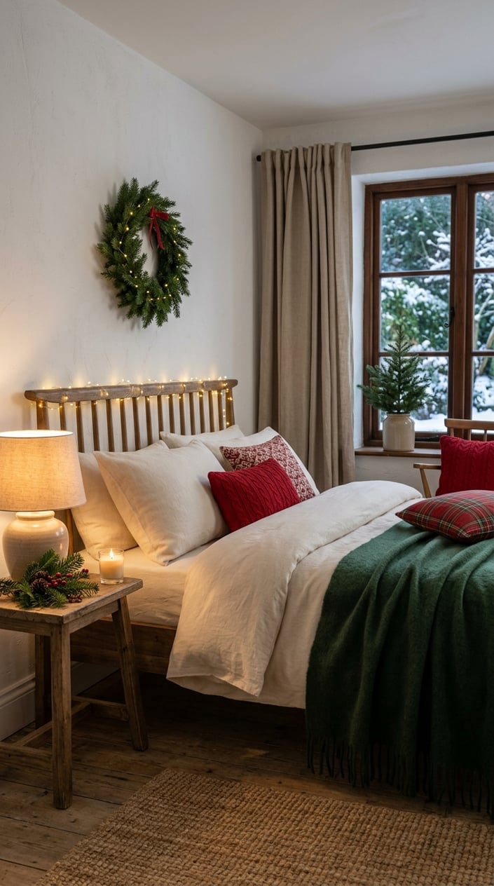 A cozy bedroom with Christmas greenery, warm lights, and festive bedding.