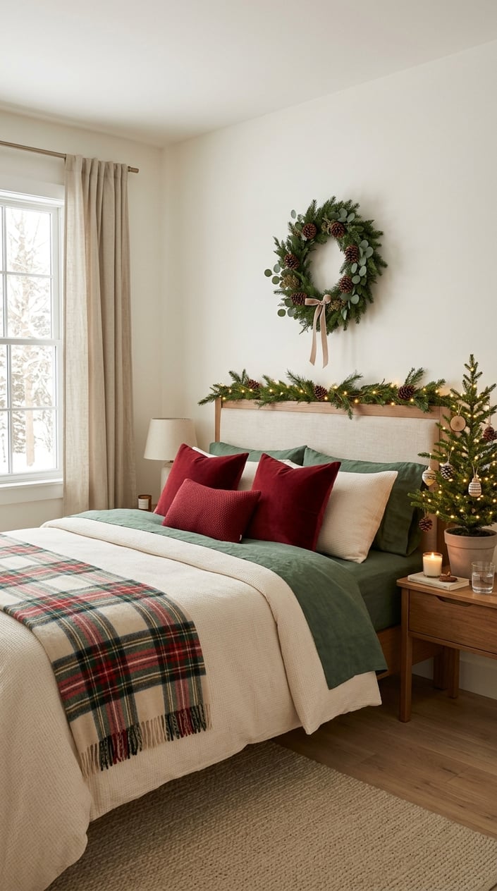 A cozy bedroom decorated for Christmas with festive bedding, greenery, ornaments, and warm lights.
