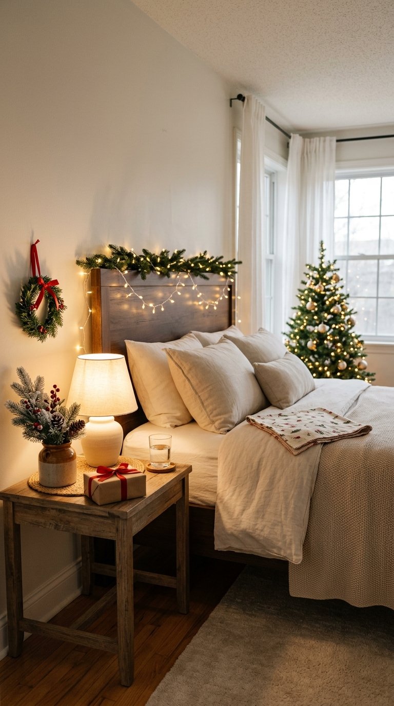 A guest bedroom with a bedside lamp and warm fairy lights beside a neatly made bed.