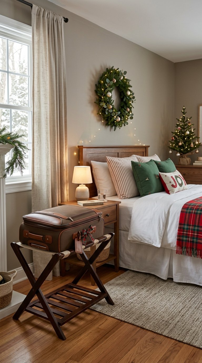 A suitcase rests on a luggage rack beside a Christmas-decorated guest bed.