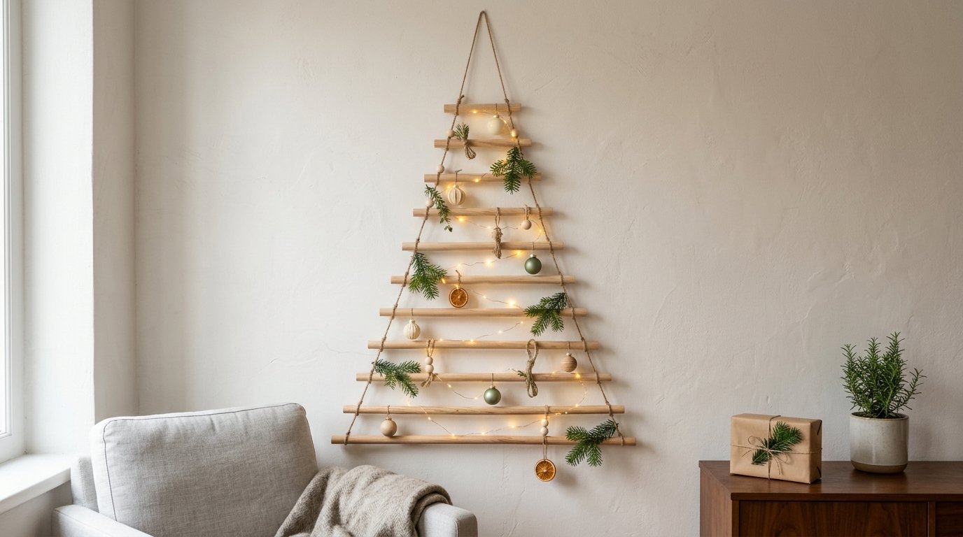 A wooden dowel Christmas tree hangs on a wall with greenery, lights, and ornaments.