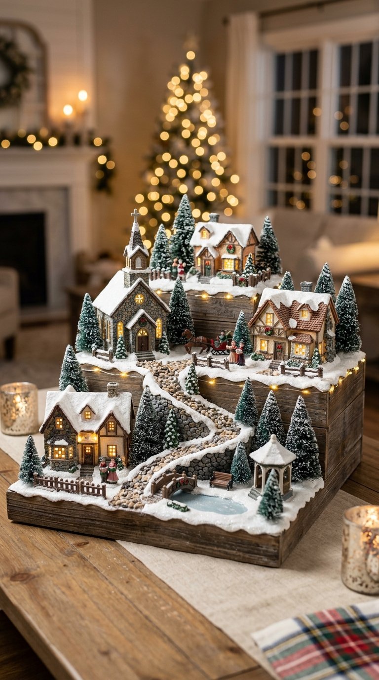 A tiered platform displaying a miniature Christmas village with snow-covered houses and evergreen trees.