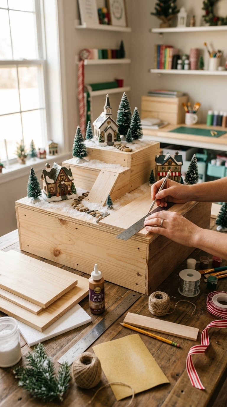 A tiered wooden platform and craft materials arranged for a miniature Christmas village.