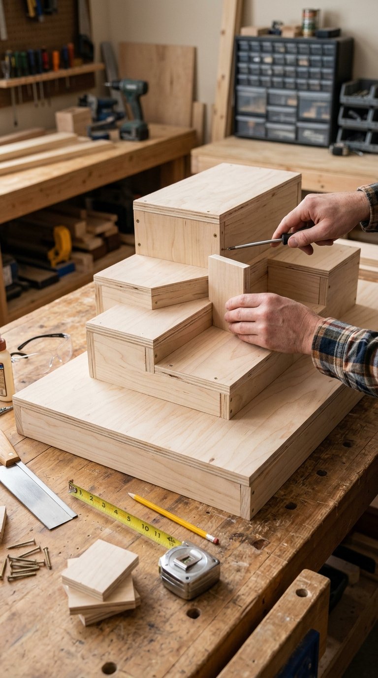 Hands assemble a wooden base with raised tiers for a Christmas village display.