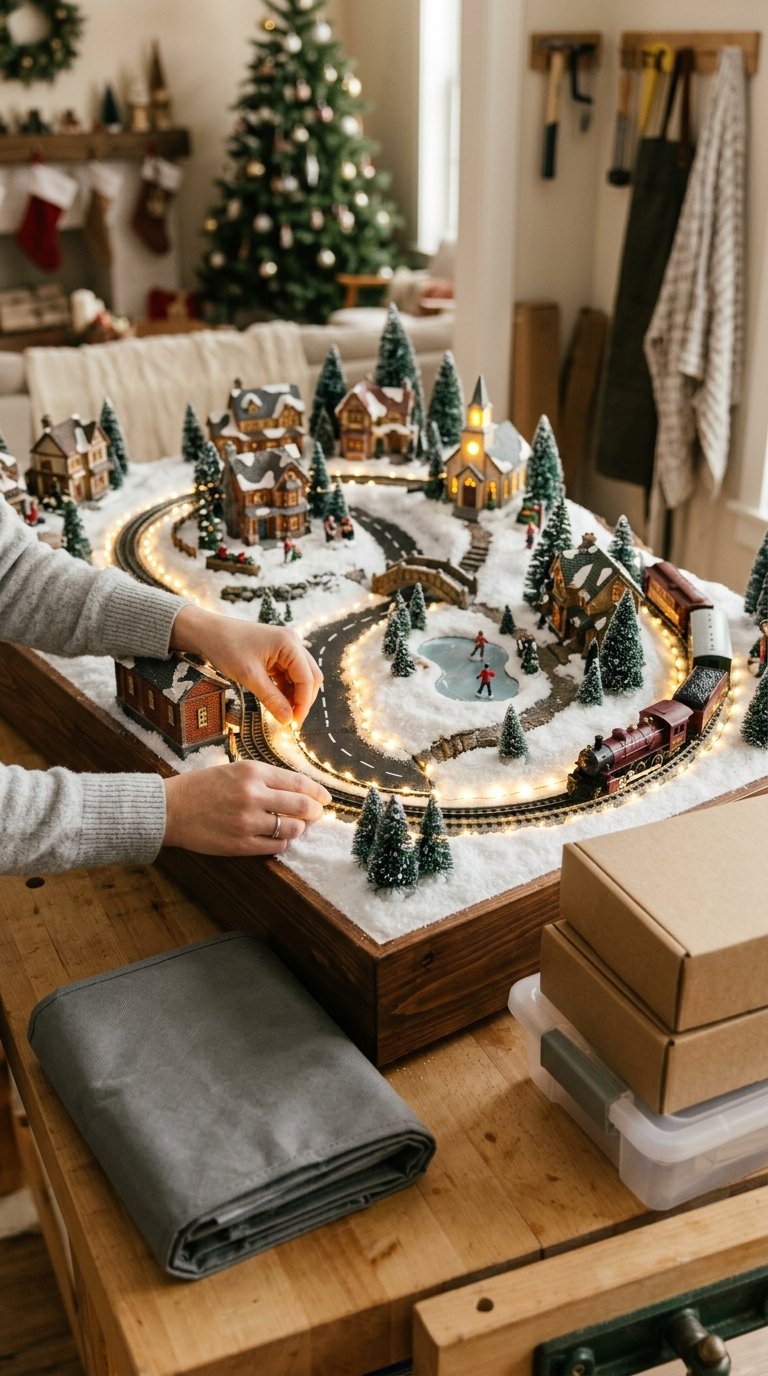 A person adds lights to a miniature Christmas village on a wooden platform, with storage boxes nearby.
