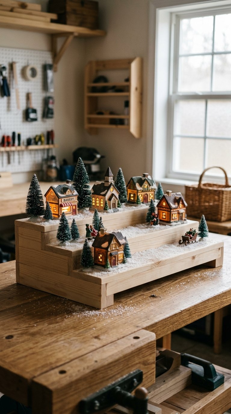 A miniature Christmas village sits on a sturdy wooden platform with stepped levels.