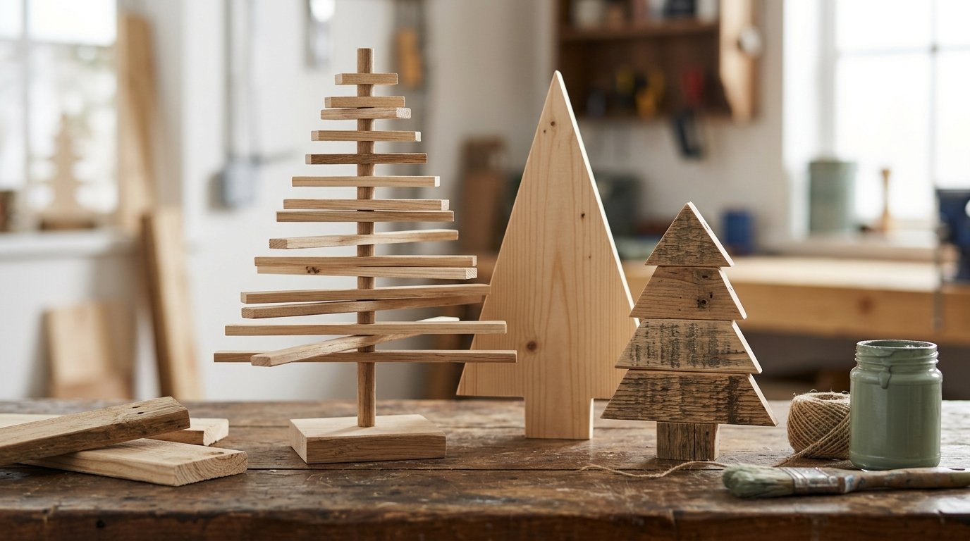 Handmade wooden Christmas trees arranged on a workbench with crafting supplies.