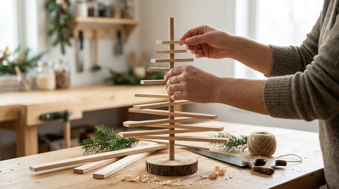 Hands assemble a small wooden Christmas tree on a worktable.