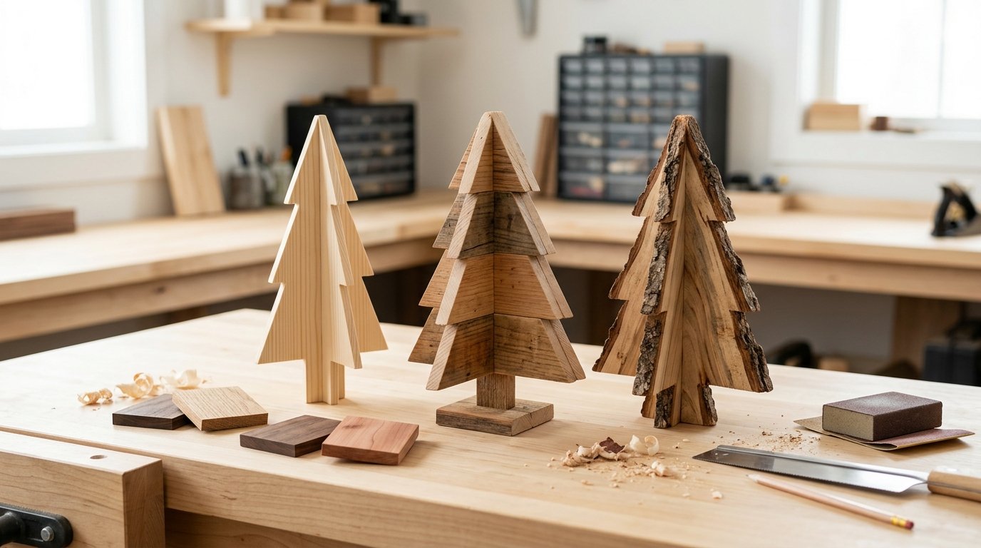 Several handcrafted wooden Christmas trees and wood samples arranged on a workbench.
