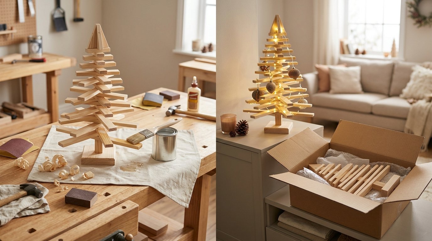 A handmade wooden Christmas tree is being finished beside a decorated tree and a storage box of wooden parts.