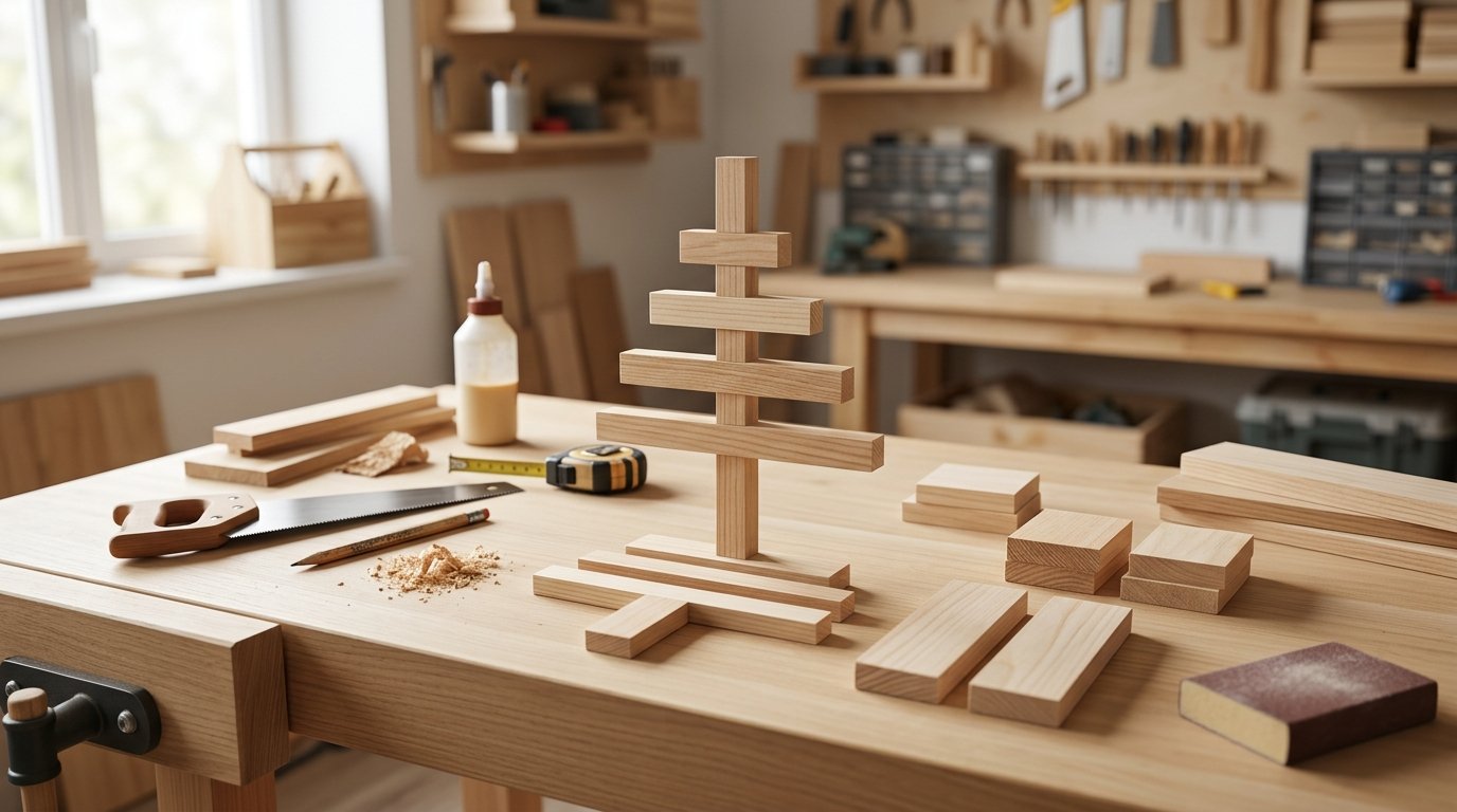 Unfinished wooden pieces arranged to form a small Christmas tree on a workbench.