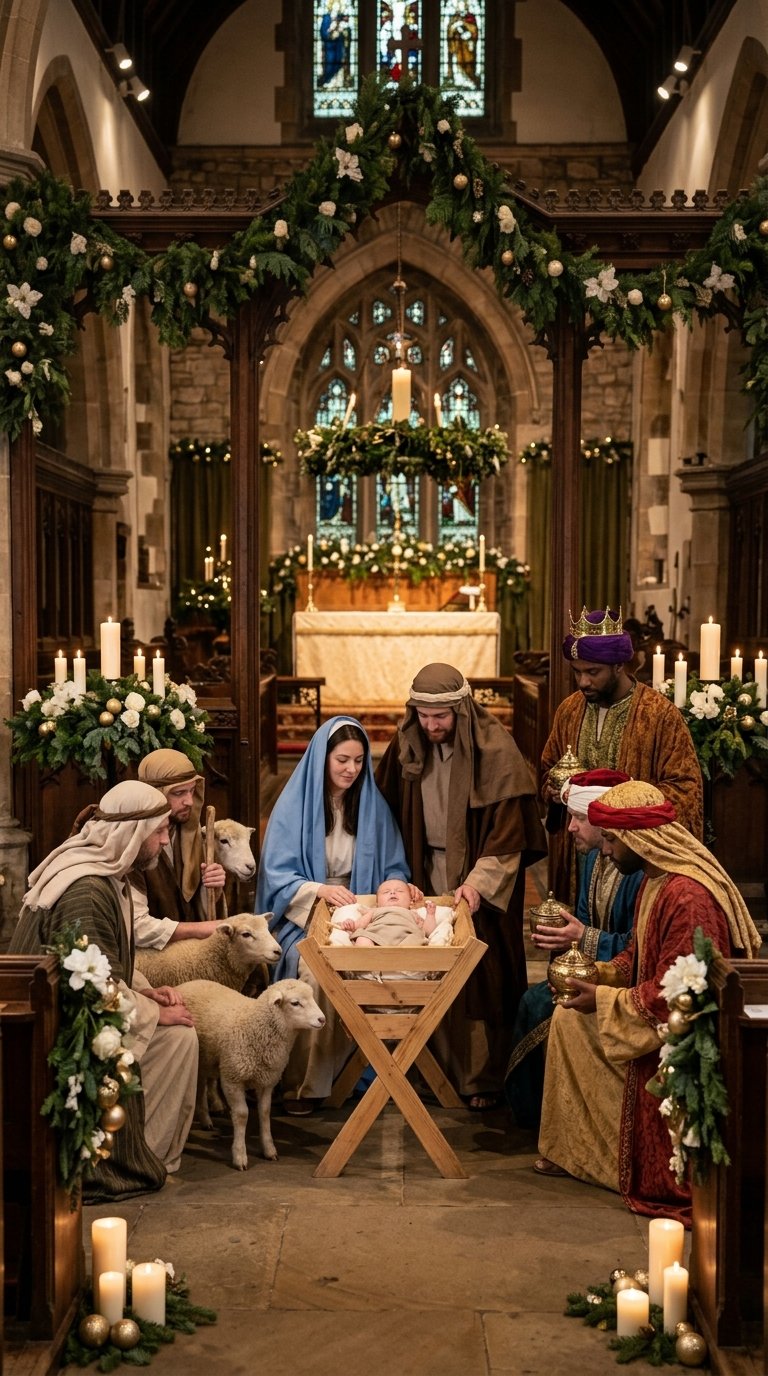 Mary and Joseph gather around baby Jesus in a church nativity scene.