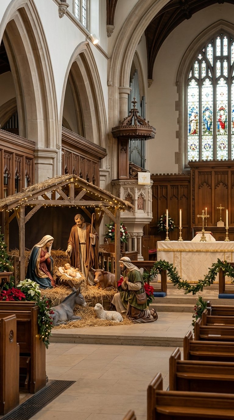 A nativity scene beside the altar in a church sanctuary.