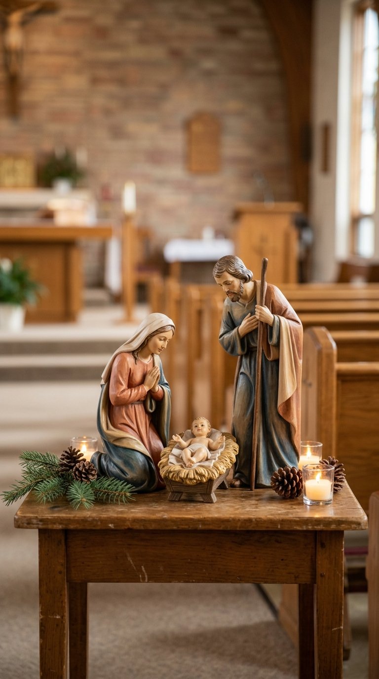 A small nativity display of Mary, Joseph, and baby Jesus on a table in a church.