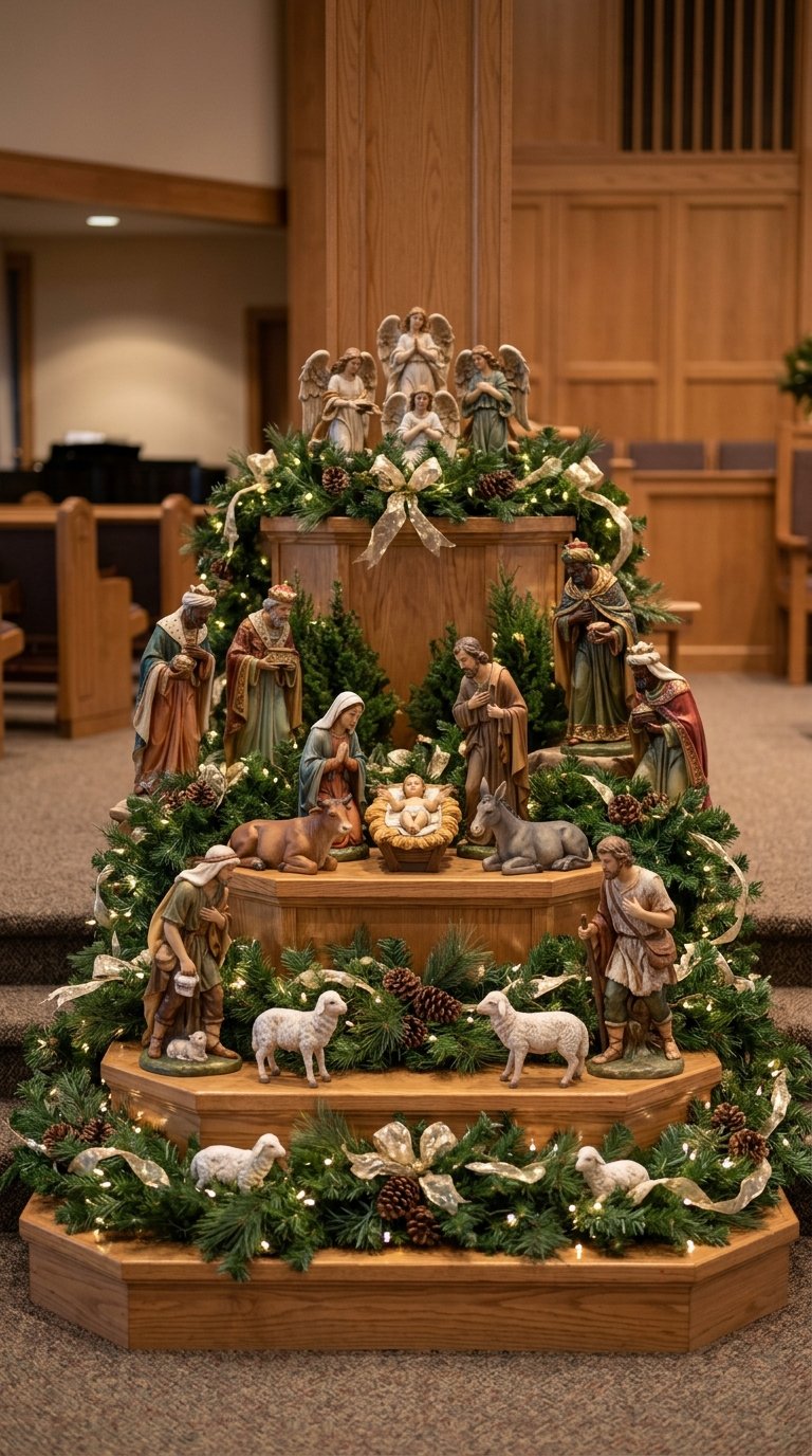 A Christmas nativity scene with Mary, Joseph, baby Jesus, shepherds, and Wise Men arranged on tiered risers in a church foyer.