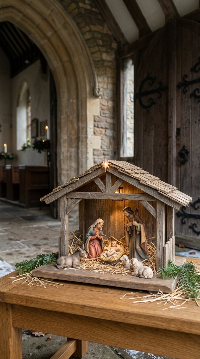 A Nativity scene beneath a small shelter on a wooden base near a church entrance.