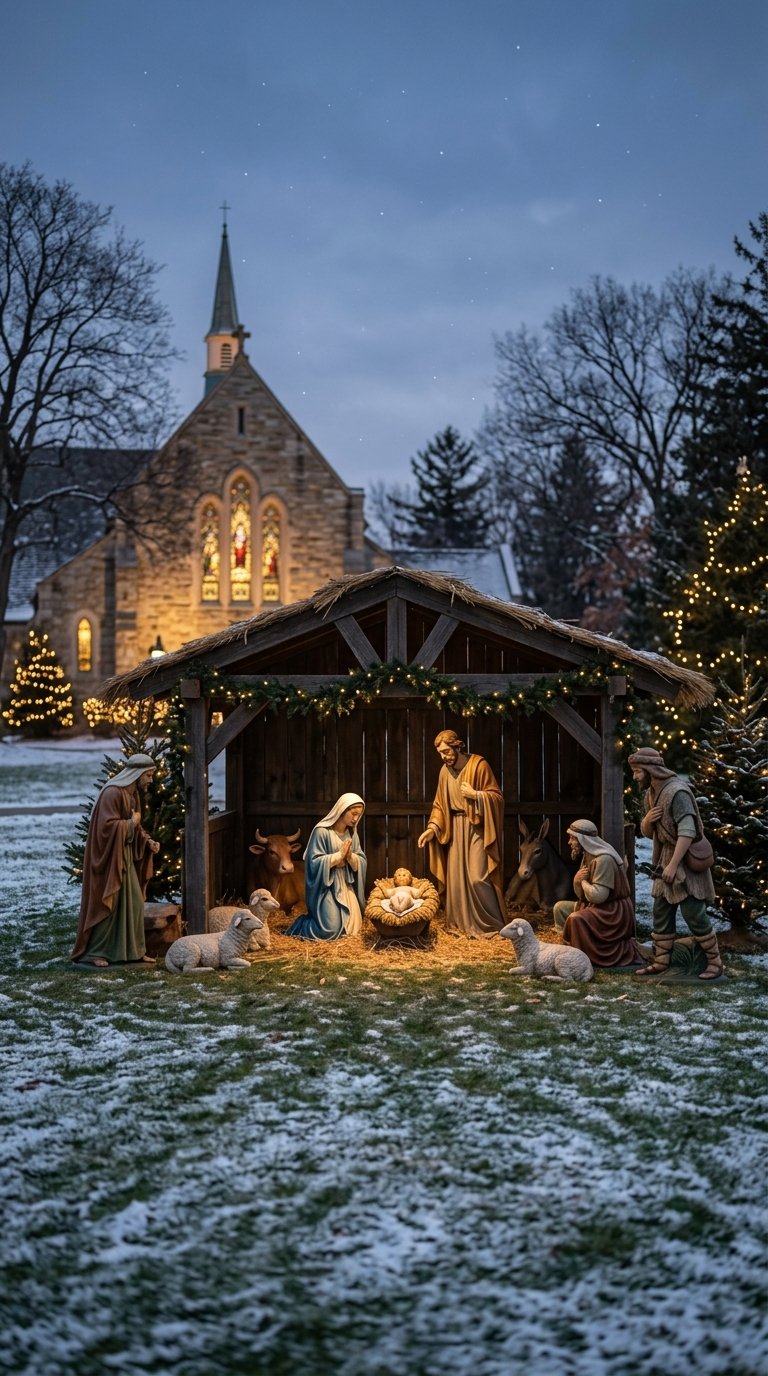 A church lawn nativity scene with Mary, Joseph, baby Jesus, shepherds, and sheep.