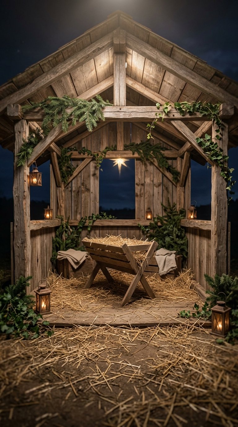 A simple wooden manger inside a rustic stable.