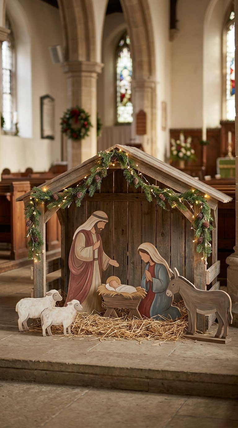 Painted wooden figures of Mary, Joseph, and baby Jesus arranged in a nativity scene.