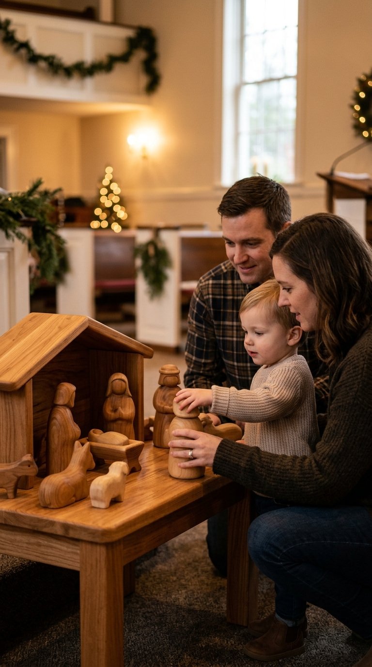 A child gently touches a wooden nativity figure while family members look on.