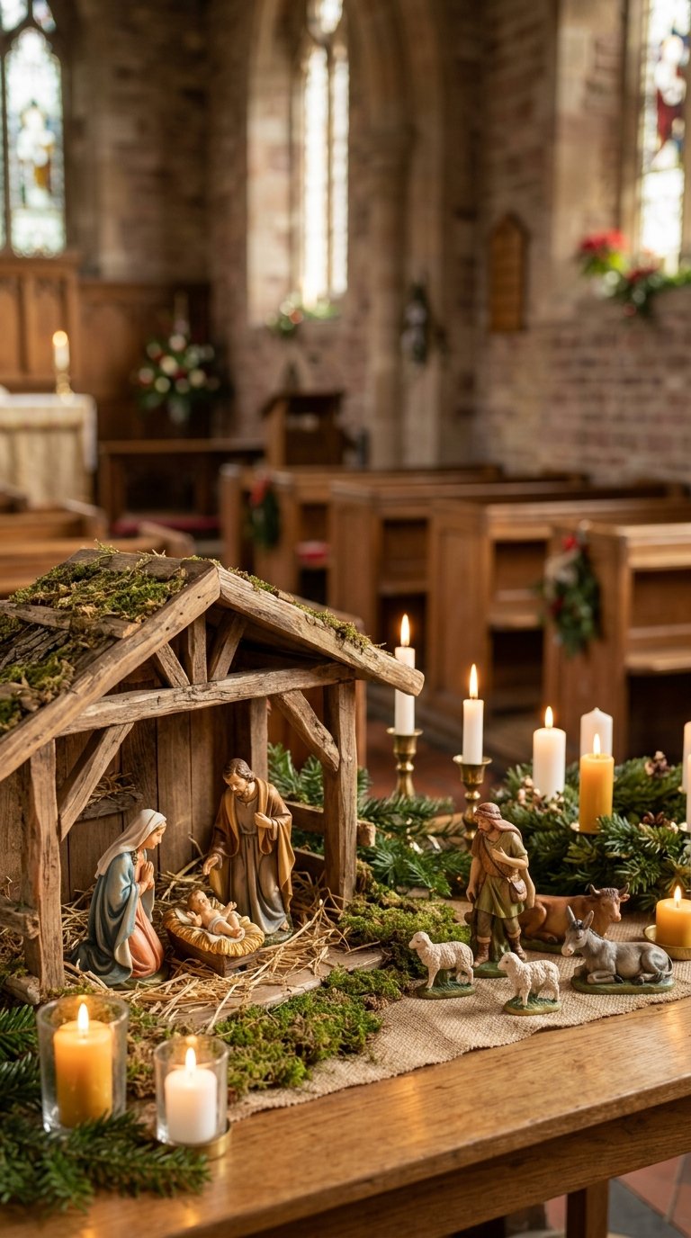 Mary, Joseph, baby Jesus, shepherds, and animals gathered around a manger in a church nativity scene.