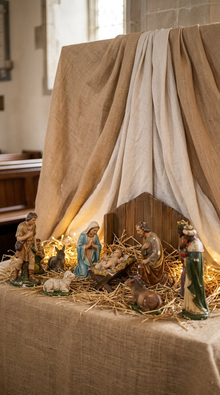 Reused nativity figurines arranged before a fabric backdrop.