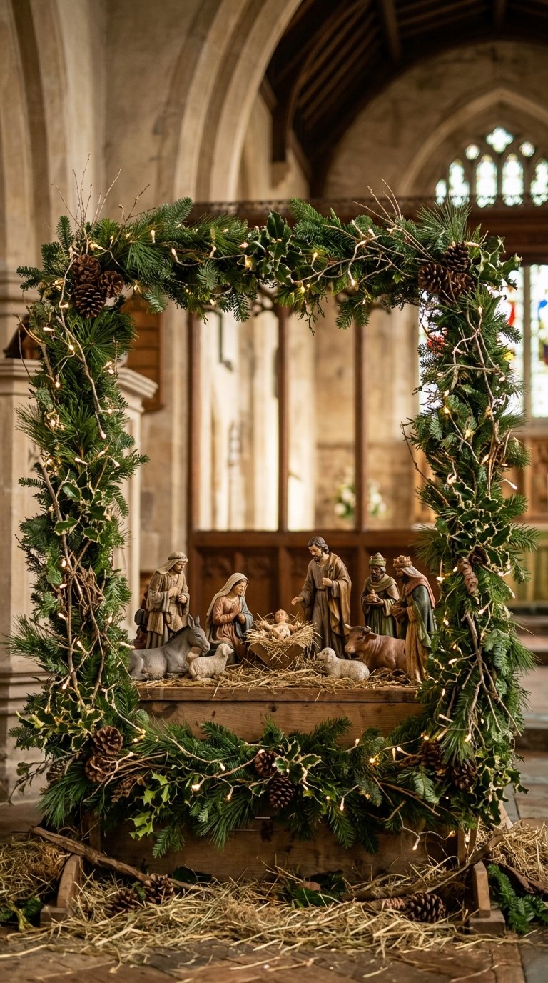 A nativity scene surrounded by evergreen branches and glowing lights.