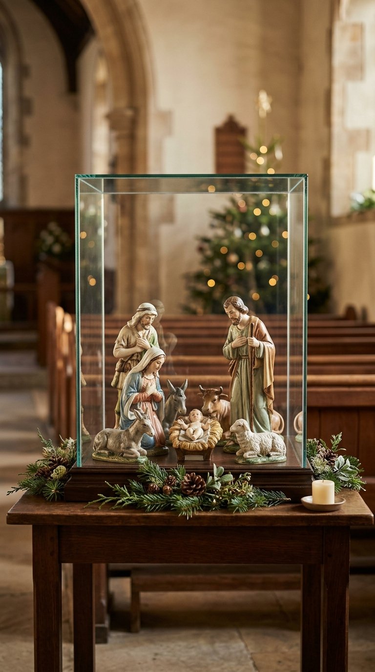 A ceramic nativity set displayed inside a clear protective case in a church.