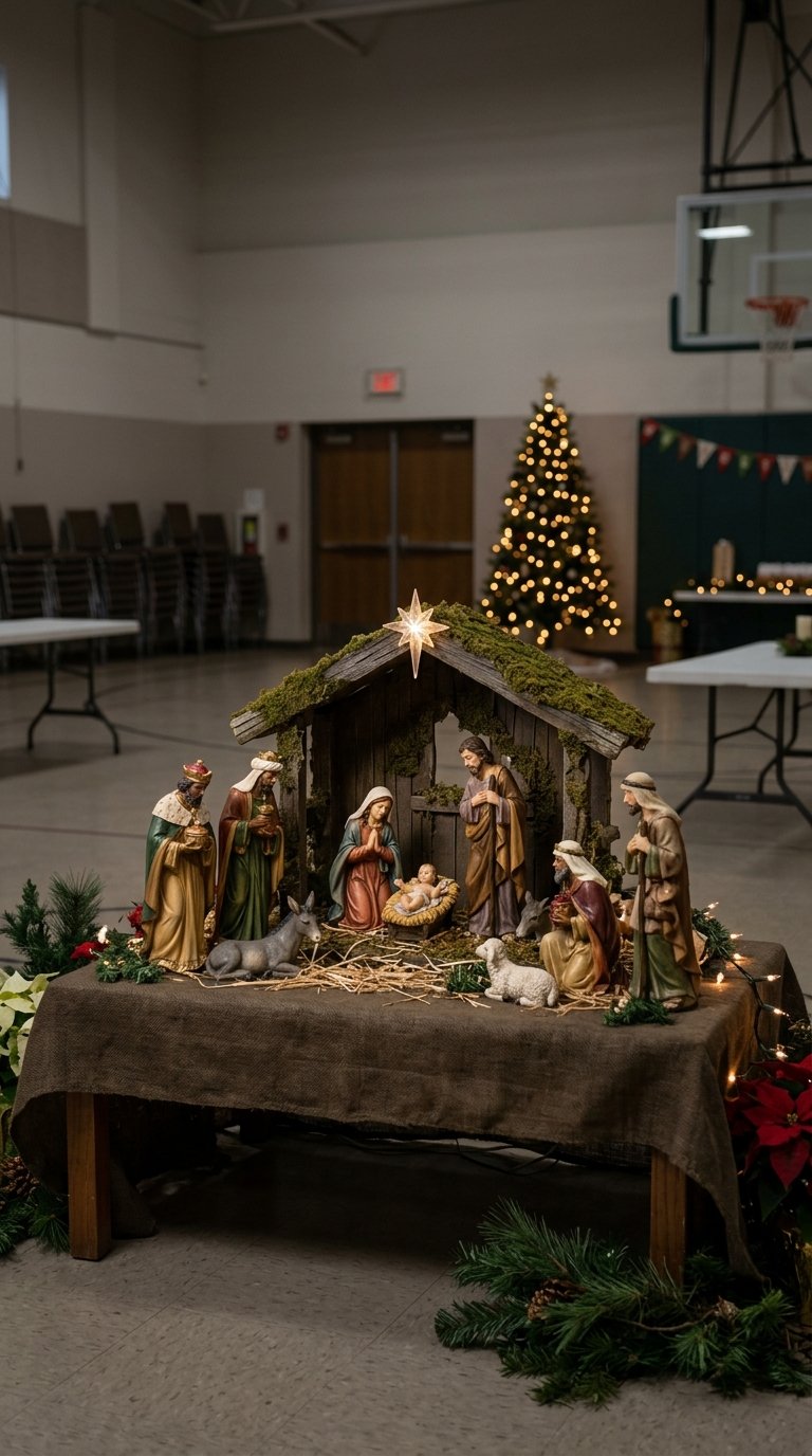 A resin Nativity scene displayed on a platform in a multipurpose hall.