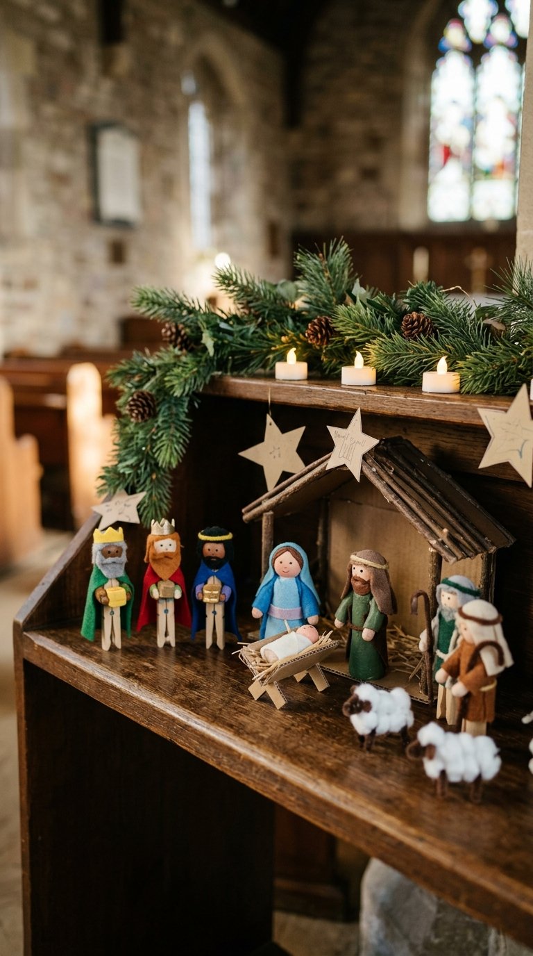 A handmade Nativity scene displayed on a church shelf.