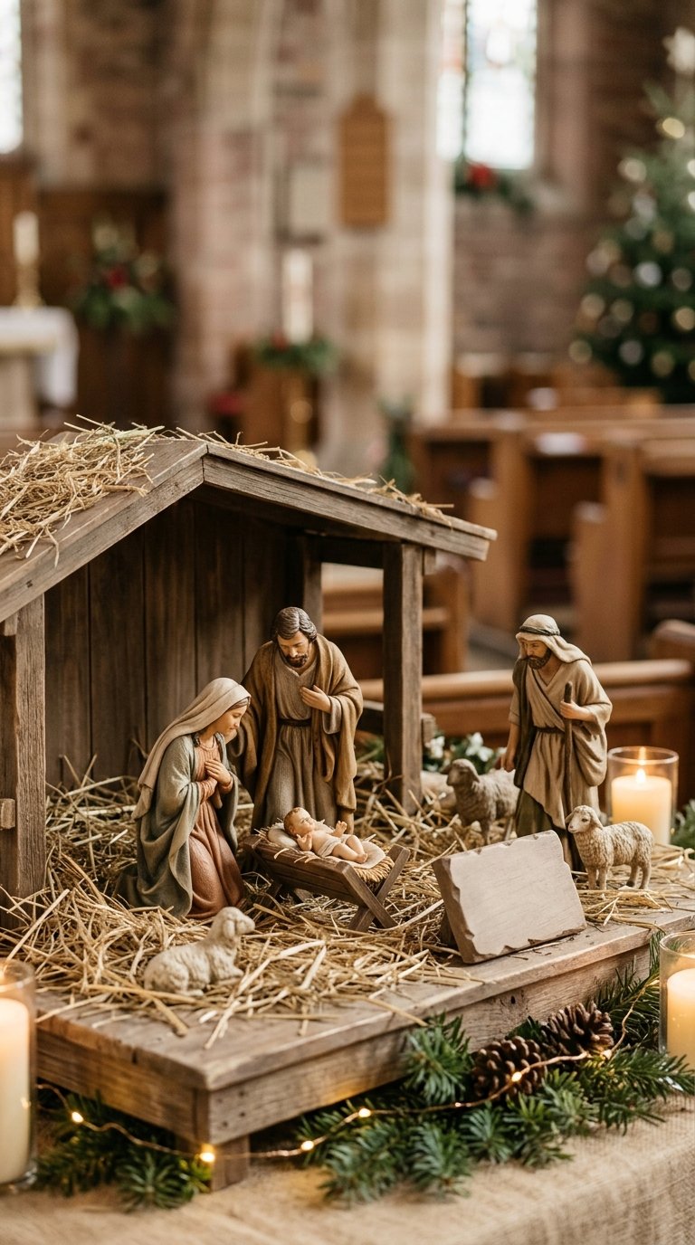 Mary and Joseph gather beside baby Jesus in a manger, with a shepherd and sheep nearby.