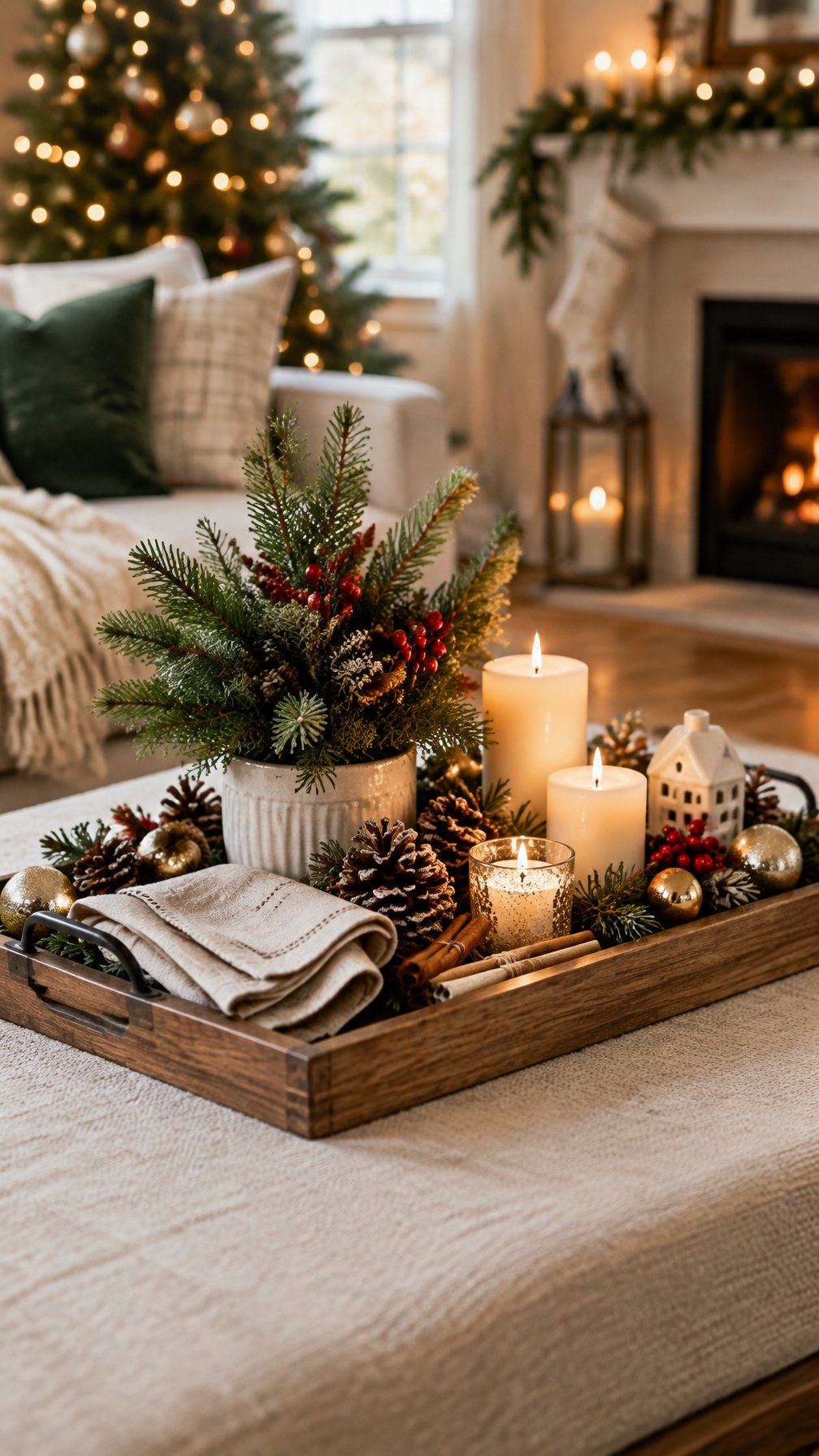 A decorated Christmas tray rests on a coffee table in a cozy living room.