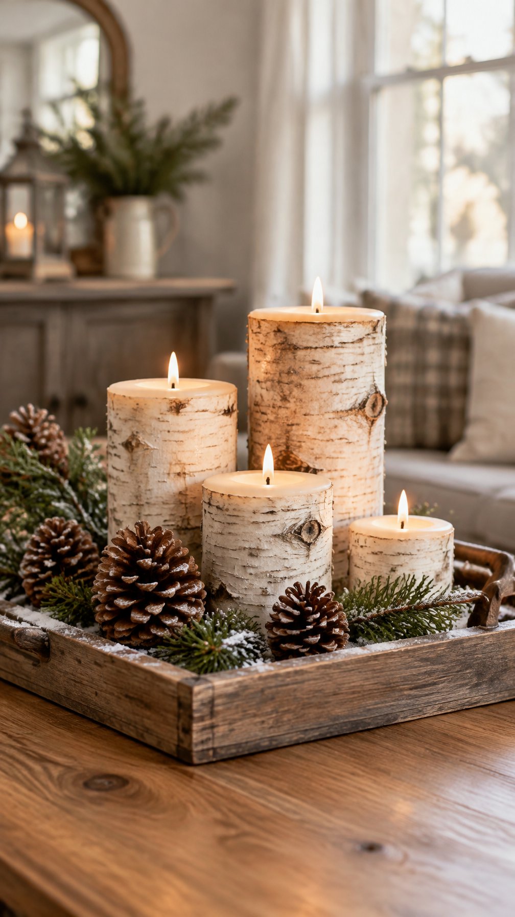 Birch candles and pinecones arranged on a wooden tray with evergreen sprigs.