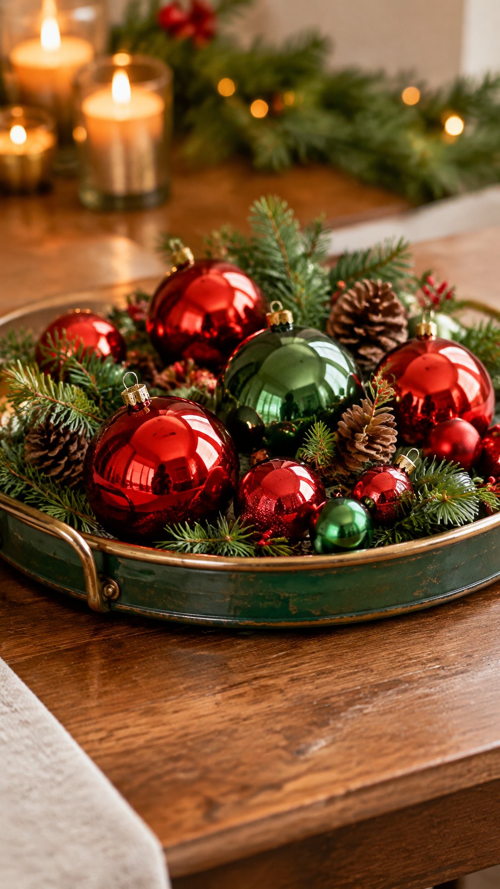 A tray arranged with red and green Christmas ornaments, evergreen sprigs, and pinecones.