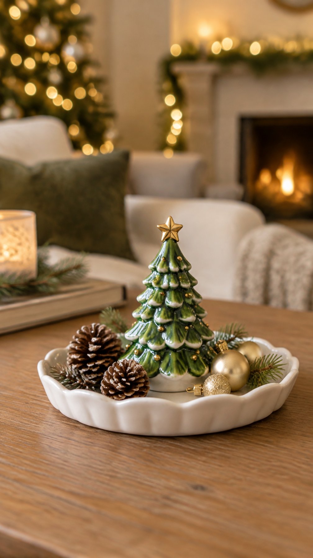 A miniature ceramic Christmas tree and seasonal accents arranged on a small tray.