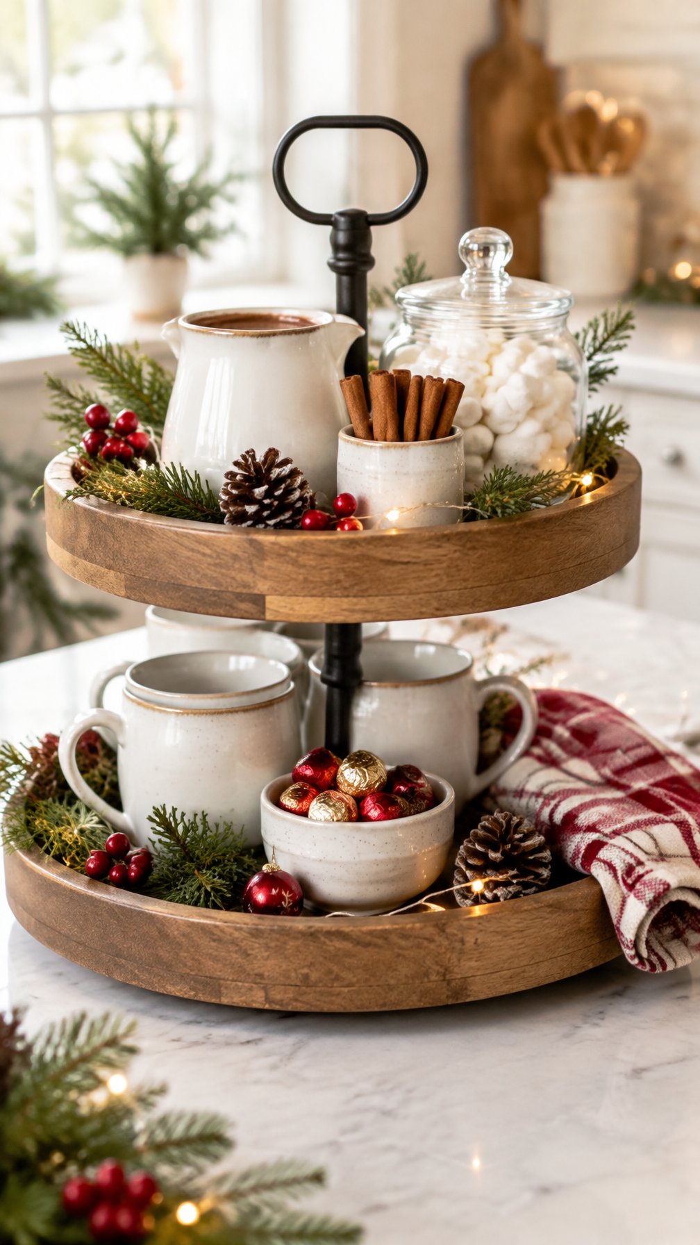 A tiered tray arranged with mugs, cocoa, marshmallows, and Christmas greenery.