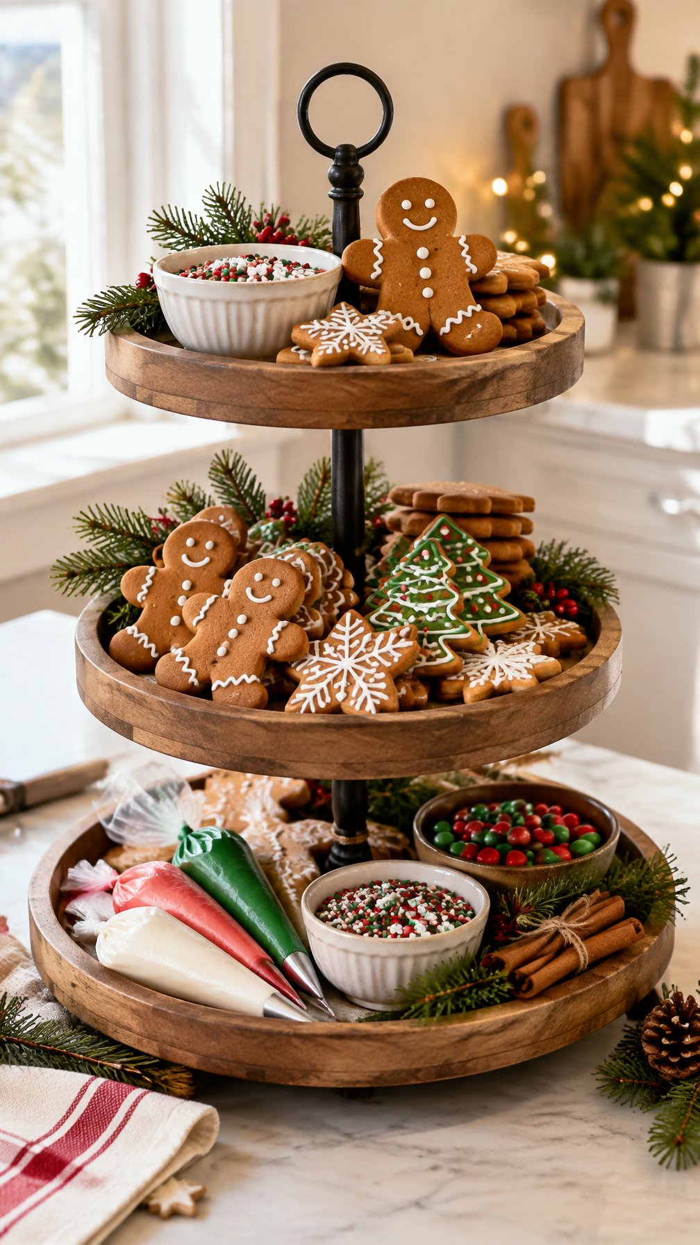 A tiered tray decorated with gingerbread cookies, icing, candies, and evergreen sprigs.