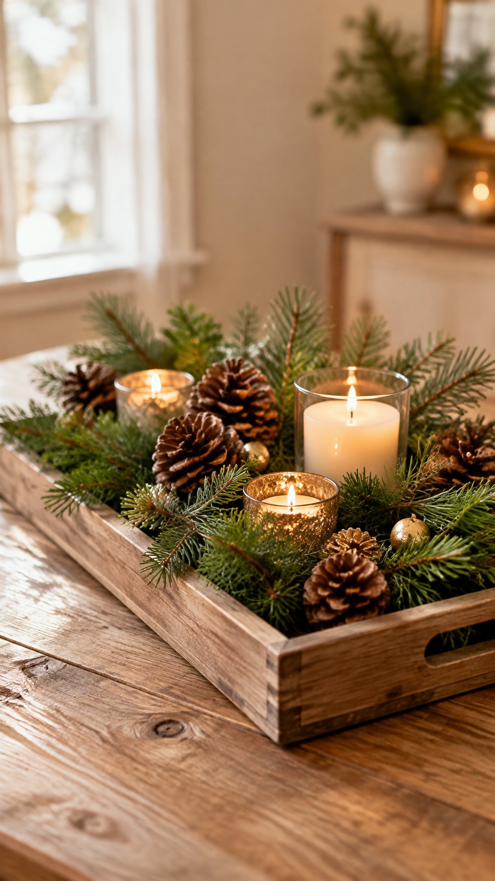A wooden tray arranged with green pine branches, pinecones, and candles.