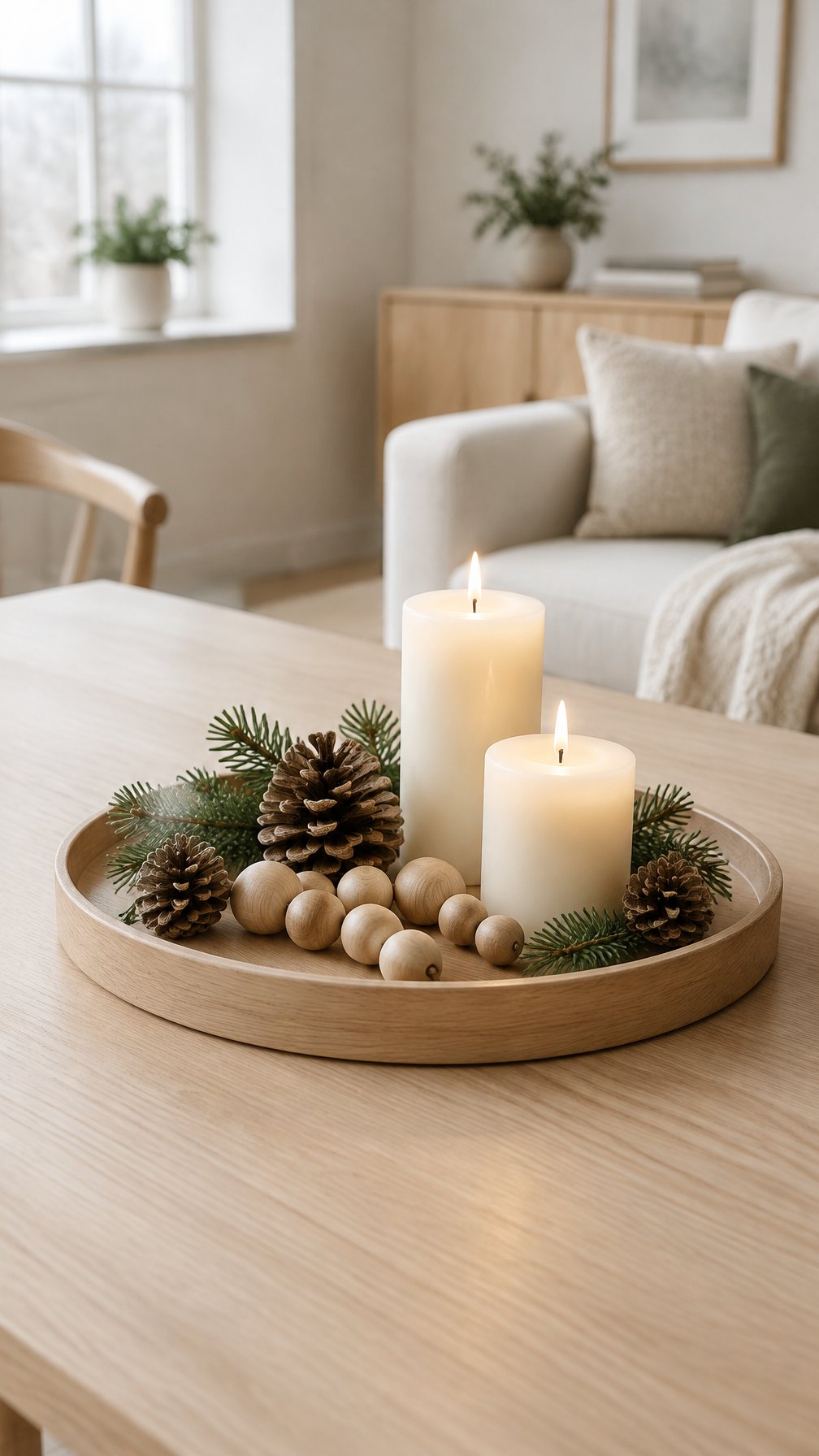 A wooden tray with wooden beads, evergreen sprigs, pinecones, and candles on a table.