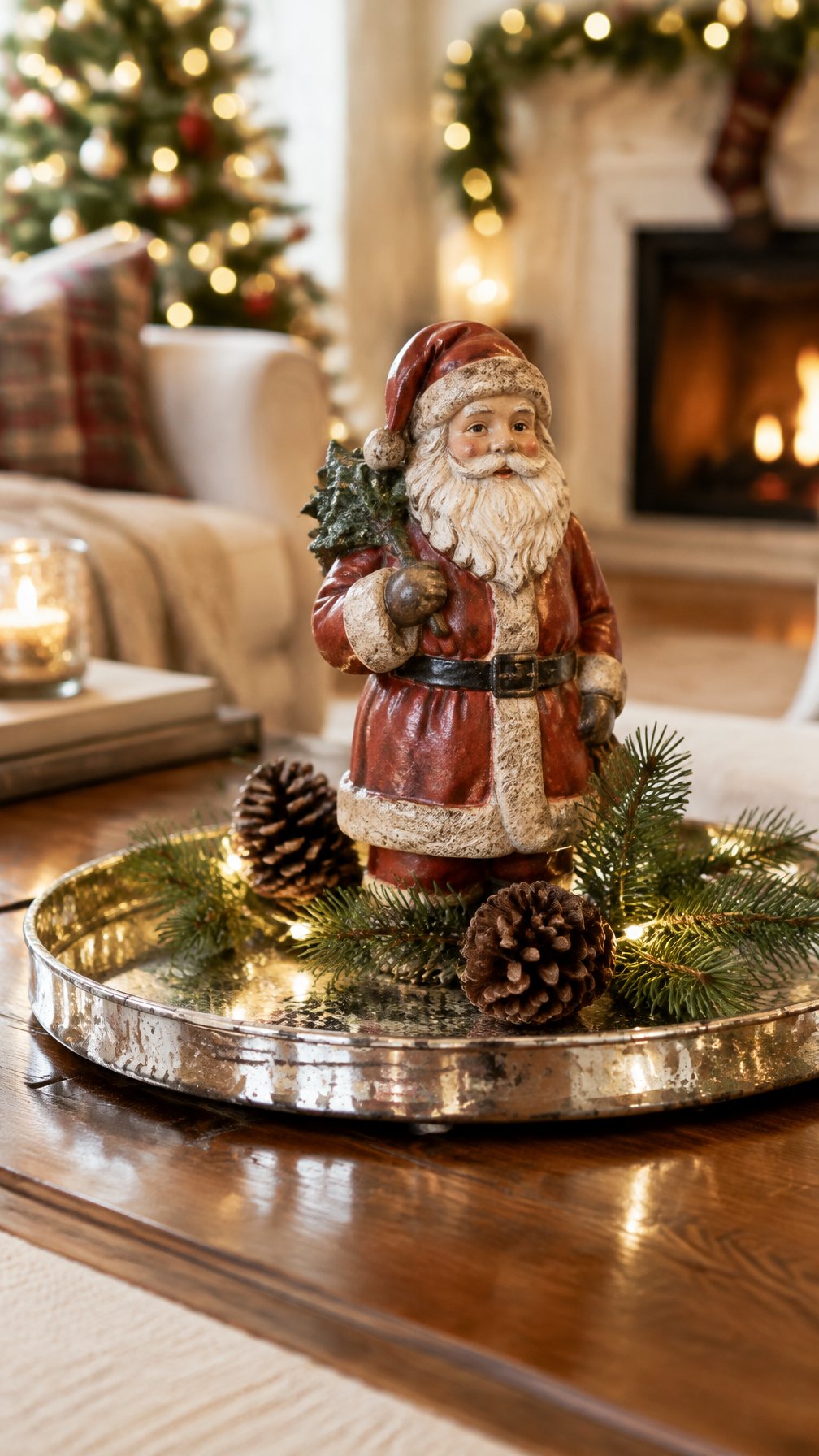 A vintage Santa figurine sits on a mercury glass tray with evergreen sprigs and pinecones.