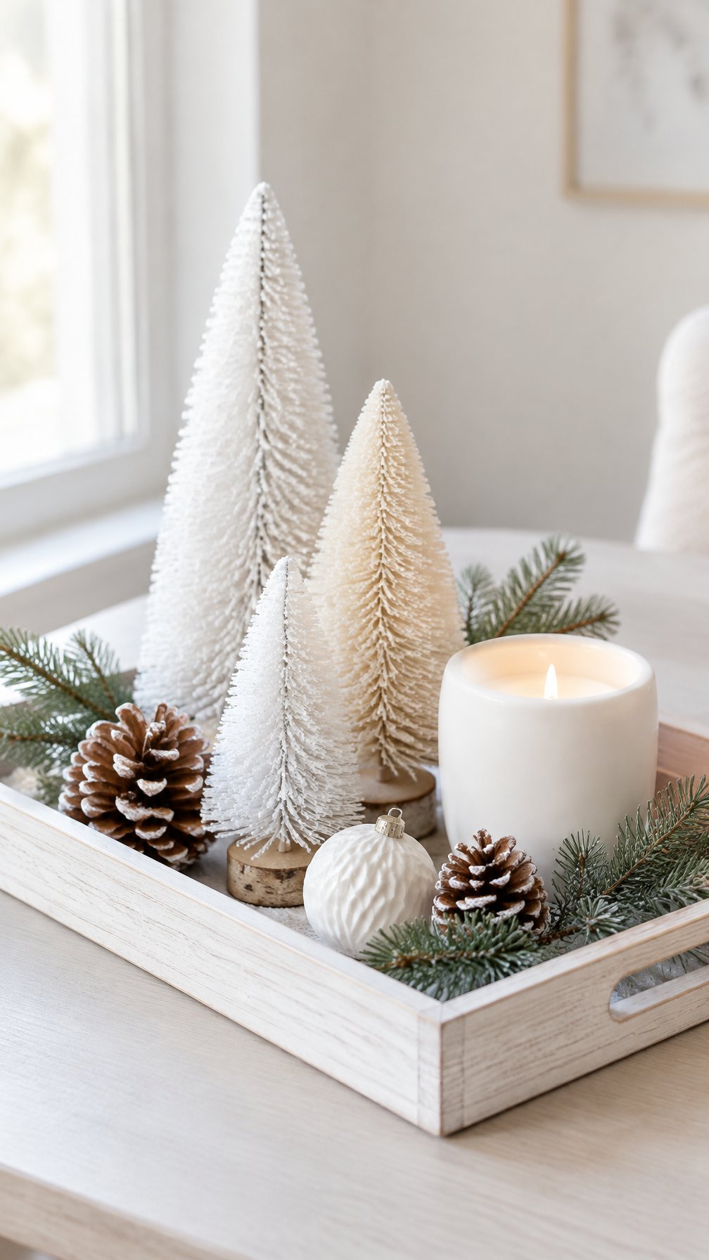A white tray arranged with bottlebrush trees, pinecones, and evergreen sprigs.