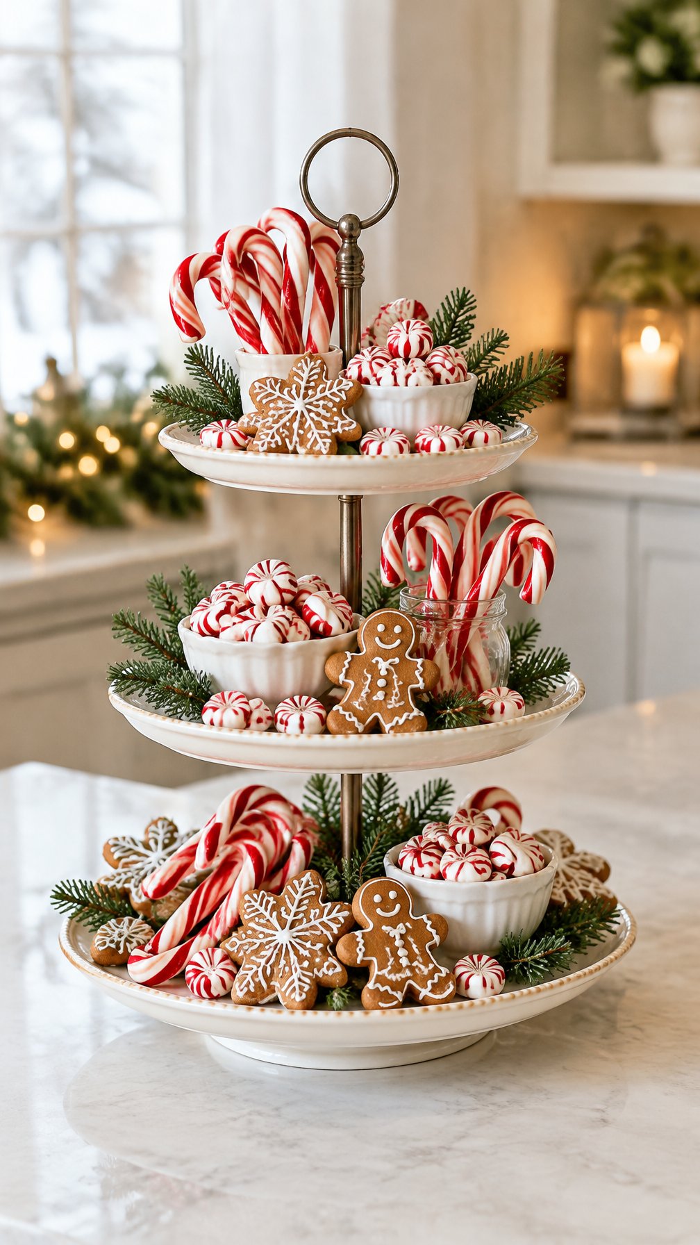 A tiered tray decorated with candy canes, peppermint candies, cookies, and evergreen sprigs.