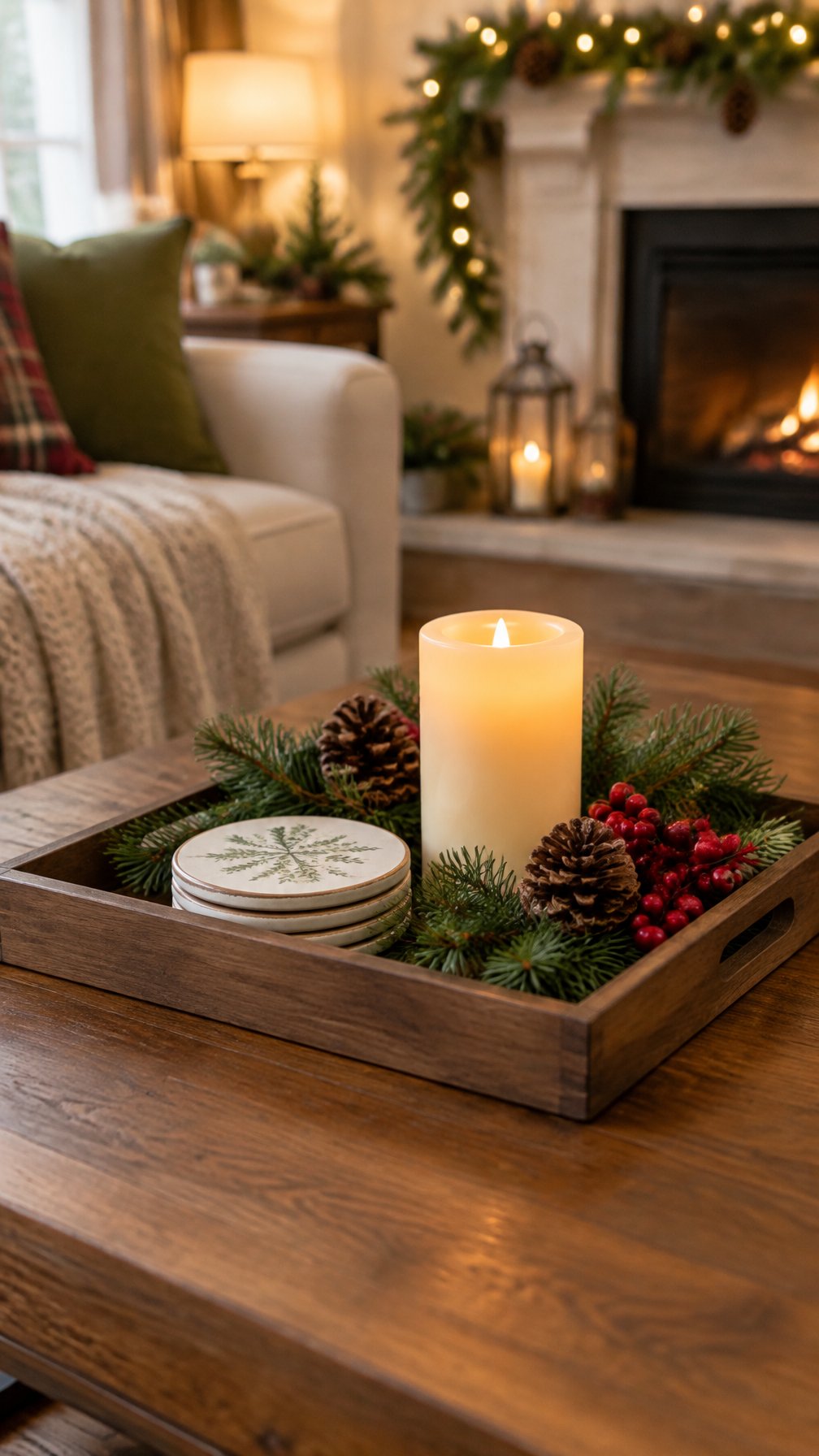 A coffee table tray holding coasters, an LED candle, evergreen sprigs, pinecones, and red berries.