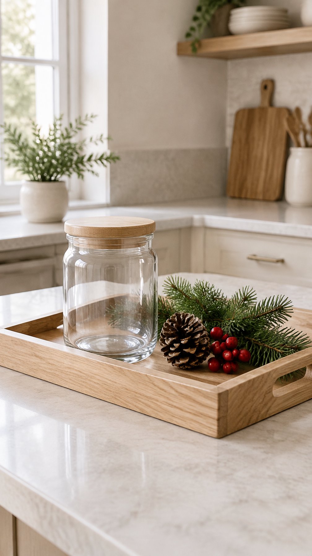A wooden tray with a reusable glass jar and evergreen greenery on a kitchen counter.