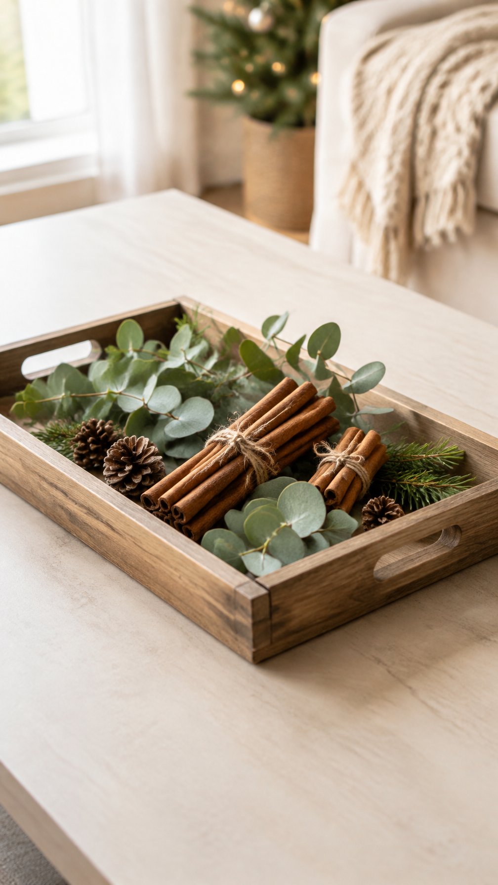 A wooden tray holding cinnamon sticks and eucalyptus sprigs.