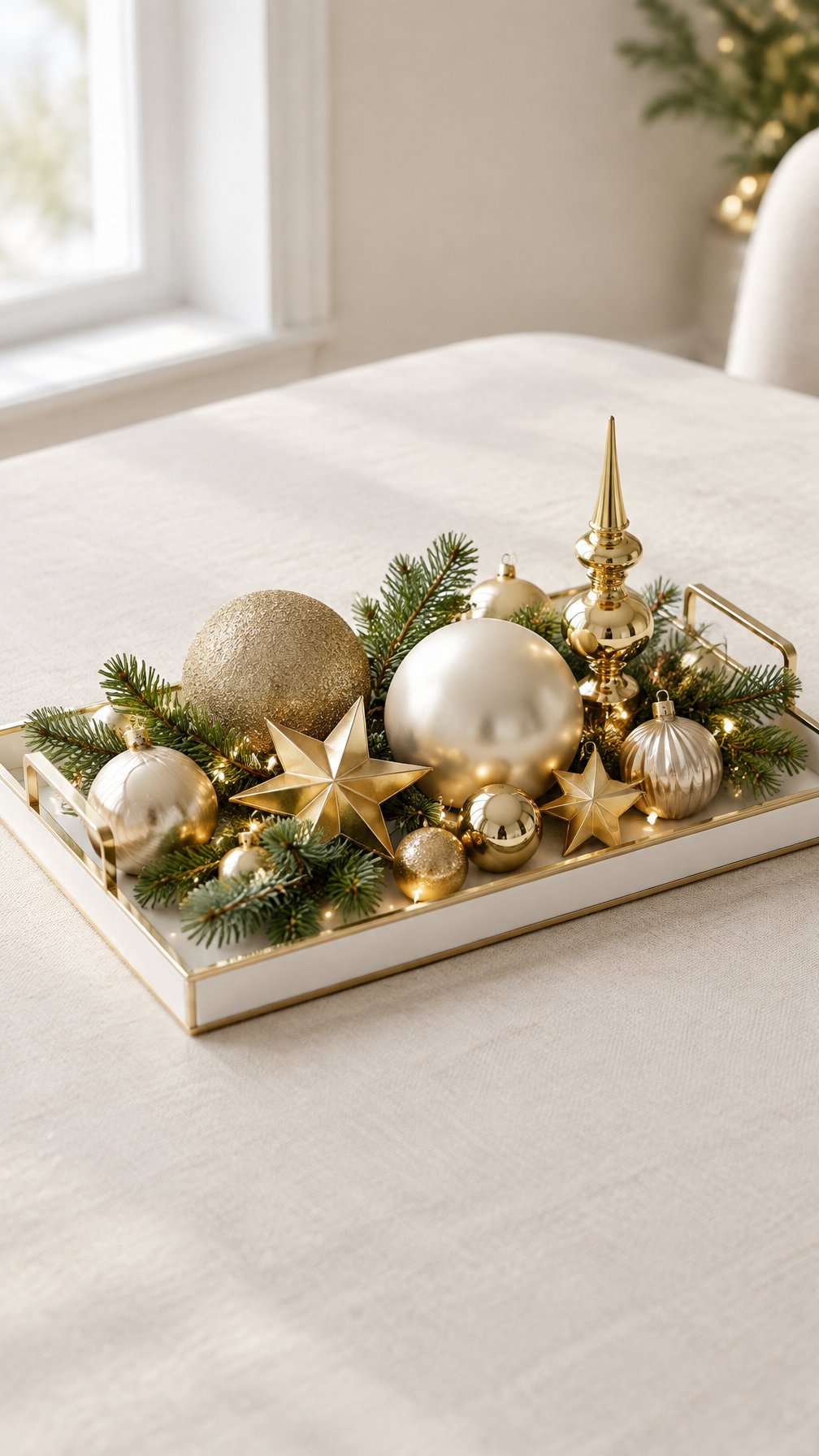 A white tray with gold trim holds gold Christmas ornaments and evergreen sprigs.