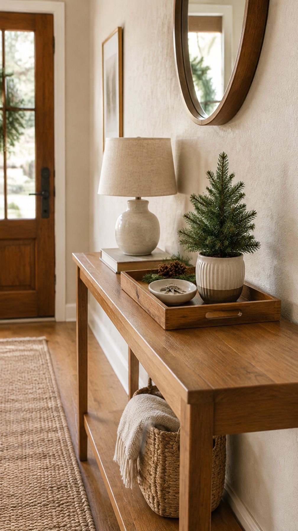 A small tray with a key dish and miniature evergreen tree on a narrow entryway table.
