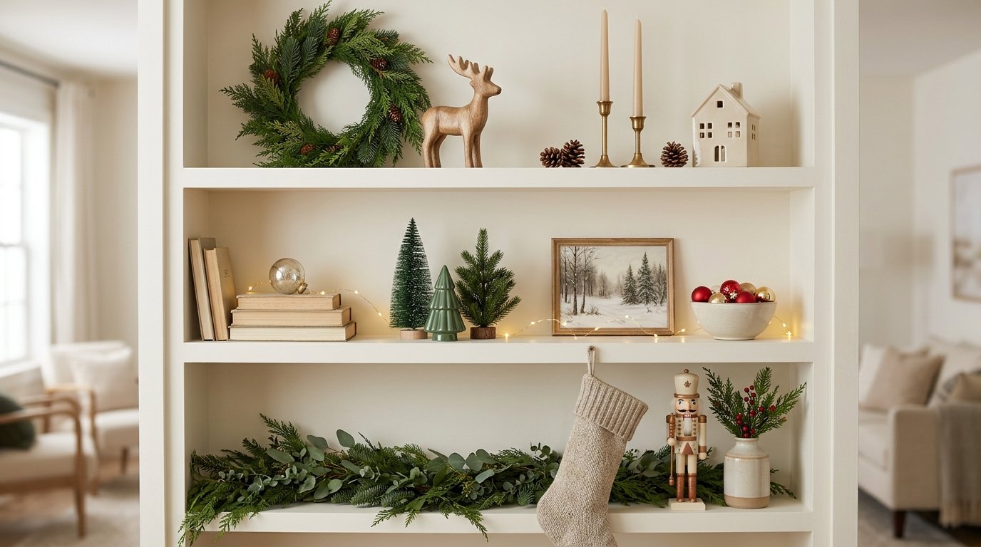 A living-room shelf decorated with evergreen branches, miniature trees, candles, ornaments, and other Christmas decorations.