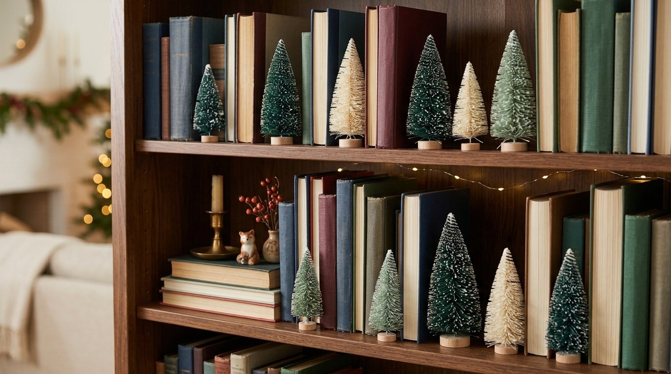 Miniature bottle-brush Christmas trees tucked between books on a shelf.